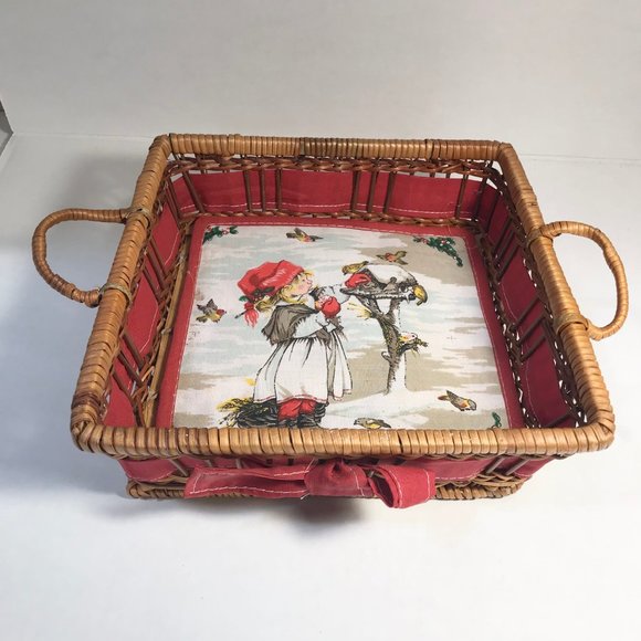 Vintage Christmas Birdhouse Napkin Bread Basket Red Ribbon Bow Holly Birds Nest - Picture 3 of 16